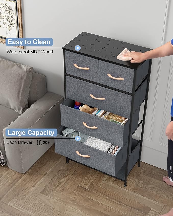 Crestlive Products Vertical Dresser Storage Tower - Sturdy Steel Frame, Wood Top, Easy Pull Fabric Bins, Wood Handles - Organizer Unit for Bedroom, Hallway, Entryway, Closets - 6 Drawers (Gray)