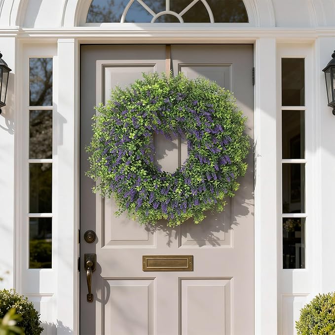 26" Artificial Lavender & Boxwood Wreath for Front Door - Large Faux Purple Greenery Outdoor Wreath for Home, Farmhouse, Window, Wall Decor | Spring Summer All Seasons