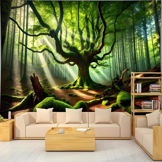BSFHH Nature Tapestry Forest Tree Sea Cave Wall Hanging, Stream Through Rainforest Landscape Wall Art Tapestry for Bedroom Living room (Century-old tree, 110" × 87", Unframed)