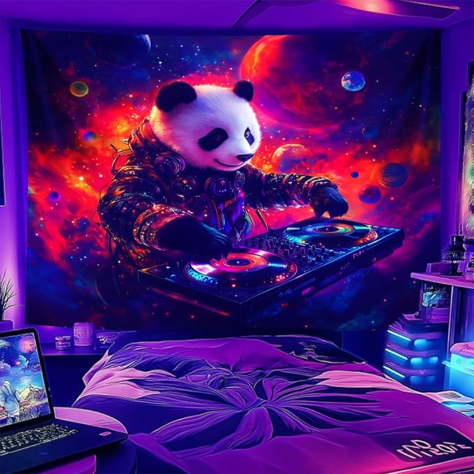 NYZE Blacklight Tapestry Panda Music Wall Tapestry Art Party Banner Colourful Poster Design Tapestries for Hip Hop College Dorm Room Bedroom Wall Decor 59in×51in