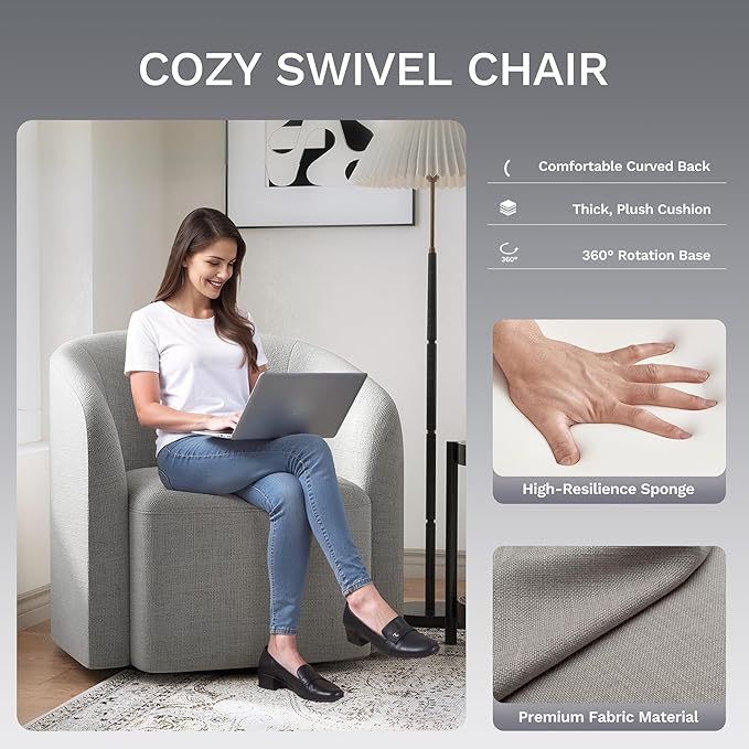 COLAMY Swivel Accent Chair, Modern Barrel Round Chair, Upholstered Comfy Living Room Chair with Armrest, Armchair for Reading Room/Bedroom/Waiting Room/Office, No Assembly, Grey