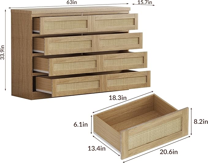 47 Inch Rattan 8 Drawer Dresser, Modern Farmhouse Chest of Drawers, Tv Stand Dresser Accent Furniture for Living Room, Bedroom, Entryway