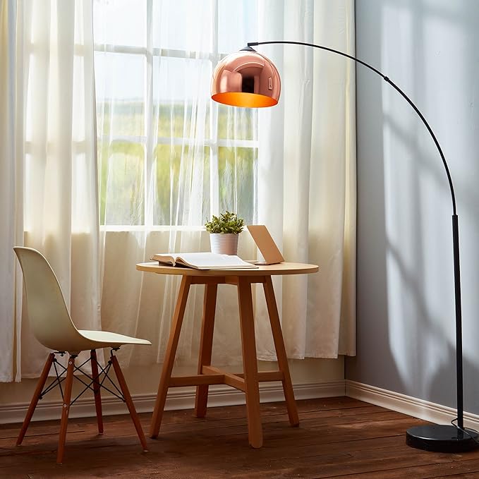 Teamson Home Arquer 66.93" Arc Floor Lamp for Living Rooms, Home Offices, Dining Rooms, Bedrooms with Faux Black Marble Base and Rose Gold Bell Shade
