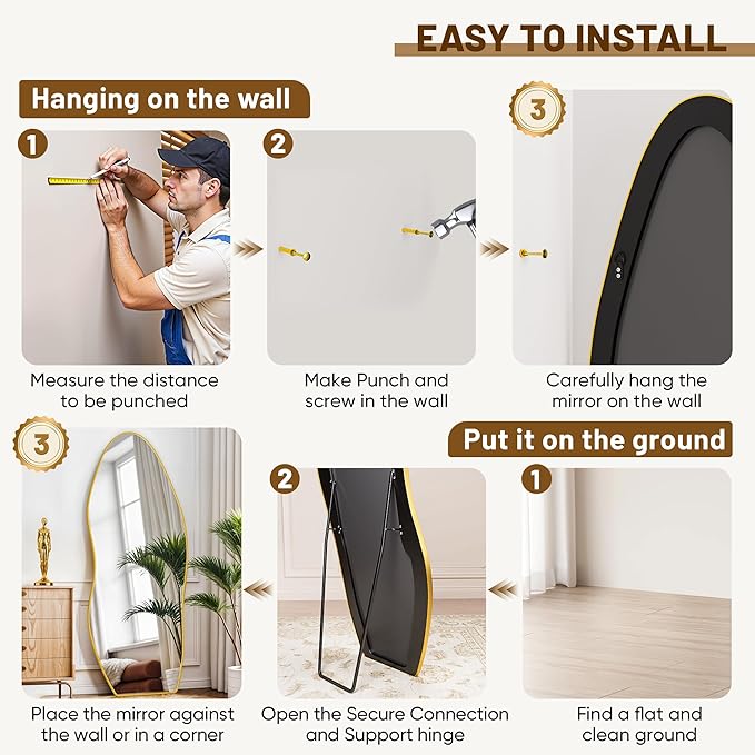 Antok Full Length Mirror, 68"x26" Floor Mirror with Stand, Standing Hanging Leaning Irregular Mirrors for Bedroom Living Room Entryway, Wavy Shaped, Golden