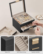 SONGMICS GISELLA Collection - Jewelry Box Organizer, 4-Layer Jewelry Storage with 3 Drawers, Shiny Metal Hardware, Glass Lid, Modern, 8 x 9.1 x 6.5 Inches, Ink Black and Gold Color UJBC173B01