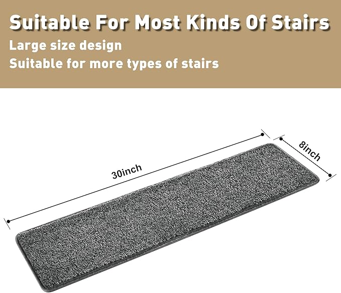PURE ERA Carpet Stair Treads Tape Free Non Slip Indoor Stair Carpet Stair Protectors Pet-Friendly Non-Slip Skid Resistant Washable Reusable 8" x 30"(14 Pieces,Dark Gray)