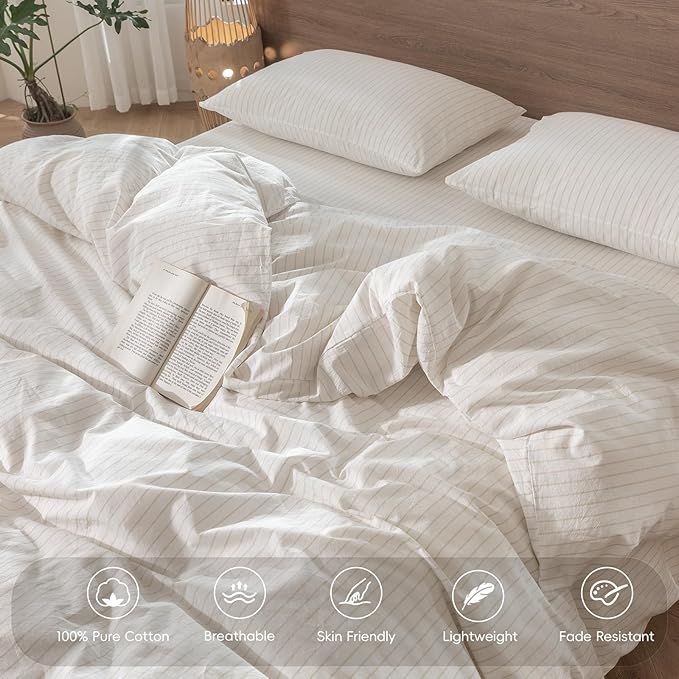 MooMee Striped Duvet Cover Set 100% Washed Cotton Linen Like Textured Breathable Durable Soft Comfy (White Almond Milk Grey Wide Stripes, Super King Plus 120"x120")