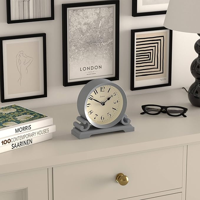 JONES CLOCKS® Saloon Mantel Clock | Traditional Double Scroll Design | French Navy | Contemporary Classic Style for Desk, Table, Shelf or Bedside
