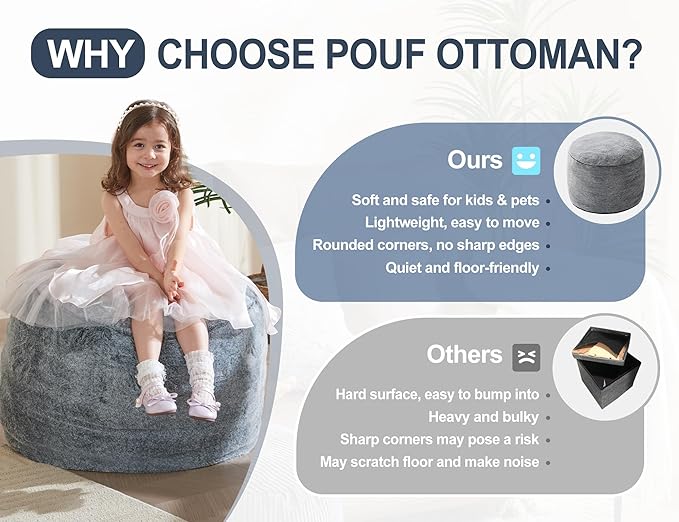 Boho Ottoman Living Room Furniture 26"x18" Large Round Ottomans Pouf Couch Foot Rest Grey Pouf Ottoman Foot Rest with Foam Chunk Filling Pouffe Ottomans Stuffed Foot Rest Poufs for Couch
