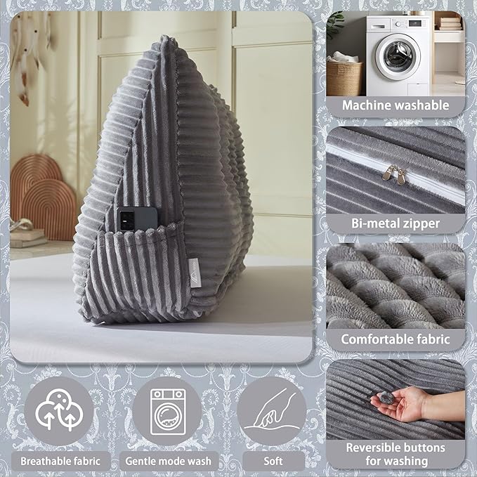 Headboard Wedge Pillow + A Long Neck Roll Pillow Body Pillow，Large Headboard Pillow with Removable Cover (Gray, Queen：59x8x20 inches)