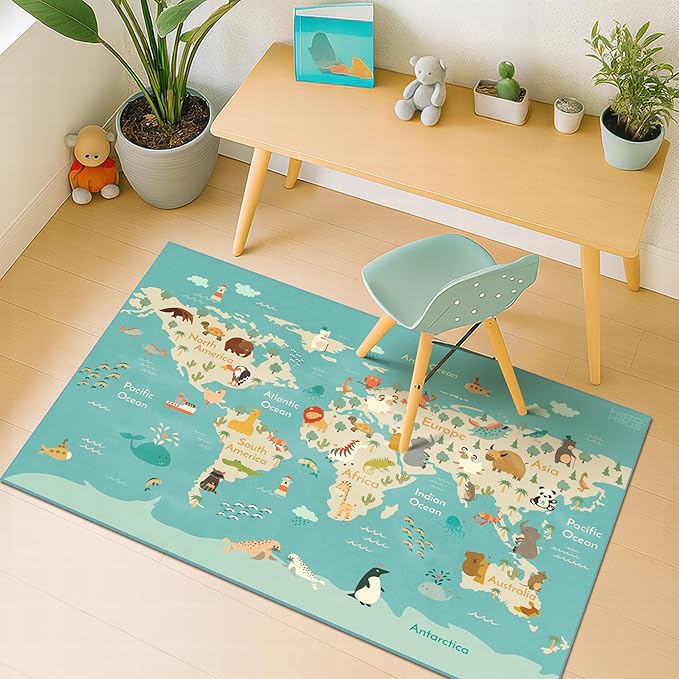 3x5 Animal World Map Rug for Kids Nursery – Soft Educational Play Mat with Cute Animals by Continent, Washable Stain Resistant Toddler Bedroom Rug - Blue
