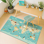 3x5 Animal World Map Rug for Kids Nursery – Soft Educational Play Mat with Cute Animals by Continent, Washable Stain Resistant Toddler Bedroom Rug - Blue