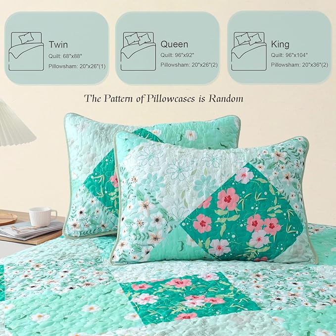 Whale Flotilla Patchwork Quilts Queen Size, Extra Soft Boho Floral Bedspreads for Bed Reversible Lightweight Full Queen Quilt Bedding Set Printed Coverlets with 2 Pillow Shams for All Seasons, Green