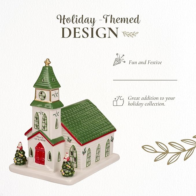 Spode Christmas Tree Miniature Christmas Village Figural Decoration, LED Lighted Christmas Village Set, Ceramic Holiday Decor - Dolomite Christmas Collectible for Indoor Display (Church)