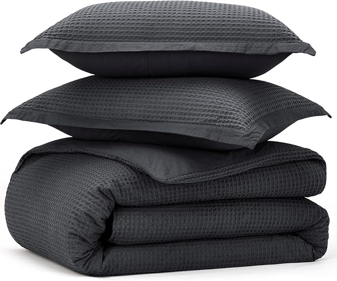 Bedsure Cotton Duvet Cover Set - 100% Cotton Waffle Weave Charcoal Duvet Cover Oversized Queen Size, GentleSoft™ and Breathable Bedding Set for All Season, 3 Pieces, 98"x98"