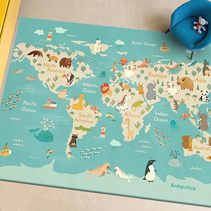 Washable Large Kids Room Rug with Animal – 6x9 Educational World Map Play Mat for Bedroom – Non-Slip, Stain Resistant, Soft & Safe for Baby, Playroom Essentials - Blue Ocean
