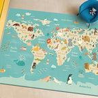 Huge Kids Rugs for Playroom Décor - 9x12 Boho Pastel Classroom Décor for Children Play, Washable Ultra Soft World Map Carpet with Blue Ocean, Continents & Cute Animals