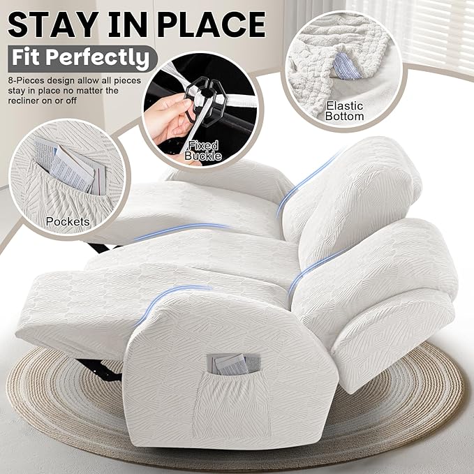 VANSOFY Recliner Couch Cover, 8-Pieces Stretch Recliner Sofa Cover Soft Jacquard Reclining Slipcover Furniture Protector with Elastic Bottom for Kid, Pets(3 Seat,Porcelain White)