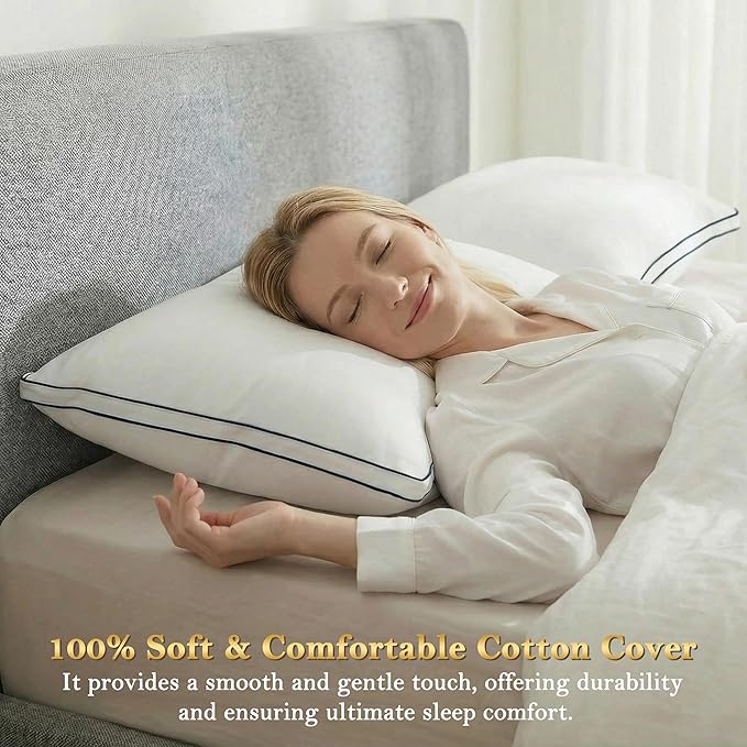 Feather Pillows Standard Size Set of 2 Goose Down Pillows with 100% Breathable Cotton Cover, Hotel Collection Bed Pillows for Sleeping, Soft Support for Back, Stomach and Side Sleepers