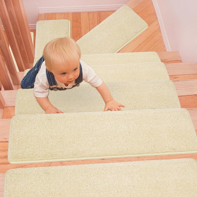 PURE ERA Bullnose Carpet Stair Treads Set Tape Free Non-Slip Indoor Stair Protectors Pet Friendly Rugs Covers Soft Skid Resistant Washable Reusable 9.5" x 30"(7 Pieces,Light Beige)