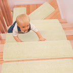 PURE ERA Bullnose Carpet Stair Treads Set Tape Free Non-Slip Indoor Stair Protectors Pet Friendly Rugs Covers Soft Skid Resistant Washable Reusable 9.5" x 30"(7 Pieces,Light Beige)