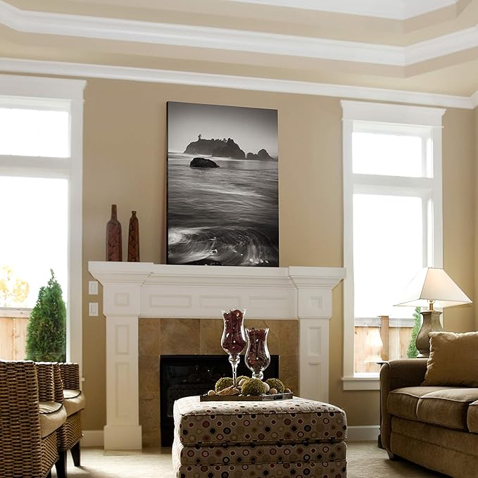 Renditions Gallery Canvas Nature Wall Art Modern Paintings Decorations Vintage Calm Ocean Rock Black & White Wall Hanging Scenic Artwork for Bedroom Dining Office Kitchen - 24"x36" LT06