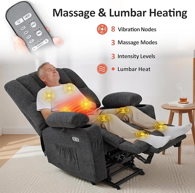 MCombo Large Power Lift Recliner Chair for Elderly, Lift Chair with Heat and Massage, 3 Positions, USB Charge Ports, Cup Holders, Fabric 7099 (Large, Dark Grey)