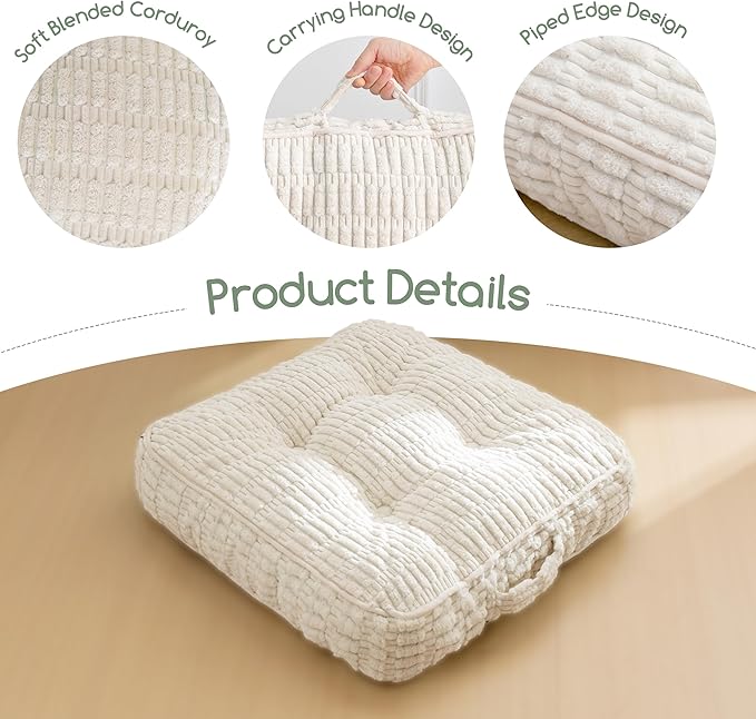 Washable Floor Pillow Cushion for Adults, Meditation Cushion Pillow, Removable Tufted Blended Corduroy Cover, Large Square Floor Sitting for Tatami Living Room or Yoga, 22x22 Inch, Machine Washable