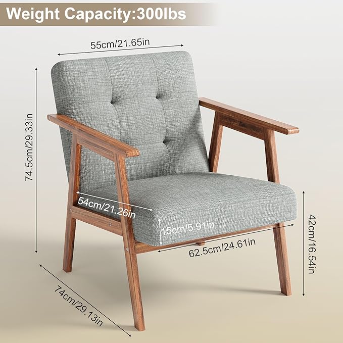 Mid Century Accent Chair, Upholstered Fabric Lounge Chair with Walnut Finish Frame for Living Room, Comfortable Sofa Chairs in Gray