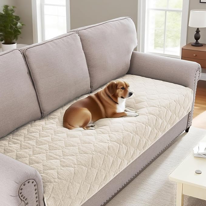 H.VERSAILTEX Couch Cover Chenille Pet Fuzzy Sofa Covers for 3 Cushion Couch Anti Slip Washable Sofa Slipcovers with Strap Soft Couch Protector Cover for Dogs Cats Kids(36" x 82", Ivory)