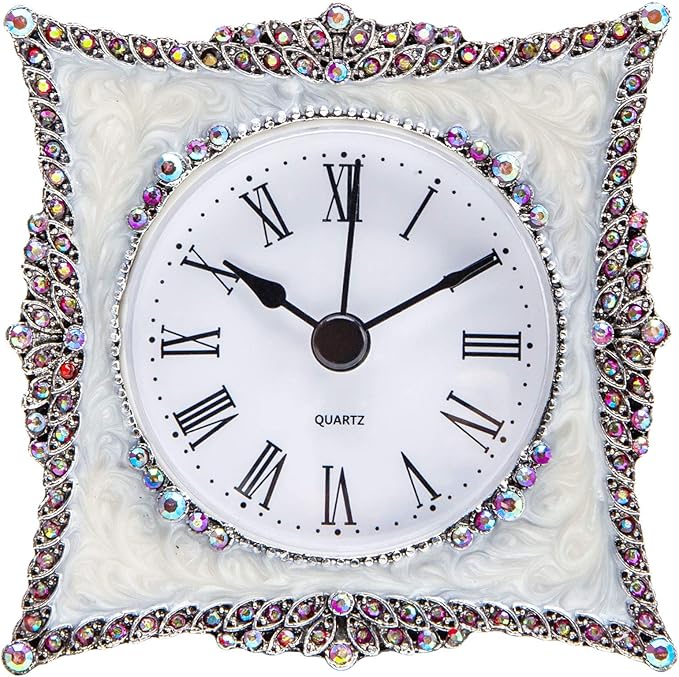 NIKKY HOME Crystal Elegant Small Quartz Analog Table Clock with Rosy Rhinestone Non-Alarm Desk Clock 3.5 by 1.5 by 3.5 Inches, White and Pink