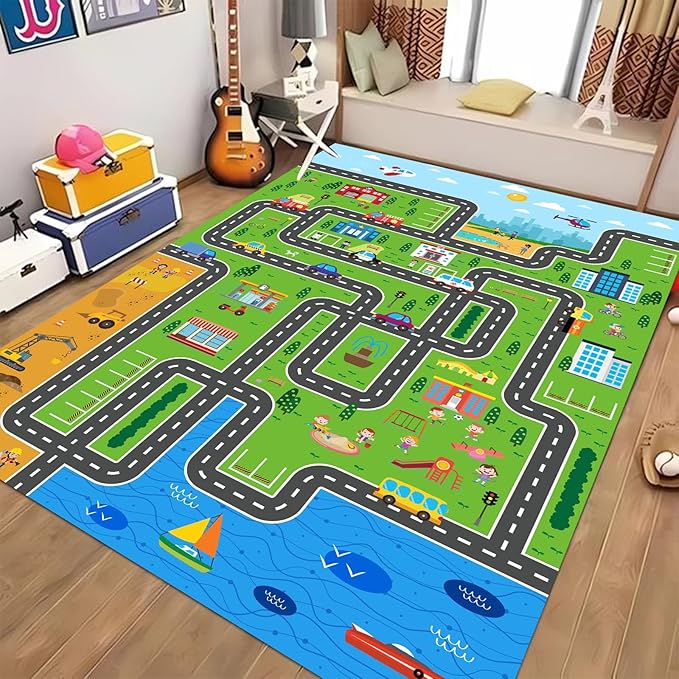Kids Car Playmat, Kids Rug for Playroom Car Mat Town City Road Traffic Rugs, Play Mat for Floor, Extra Large Boys Kid Car Track Play Rug (Style ONE, 78.7X 59 INCH)