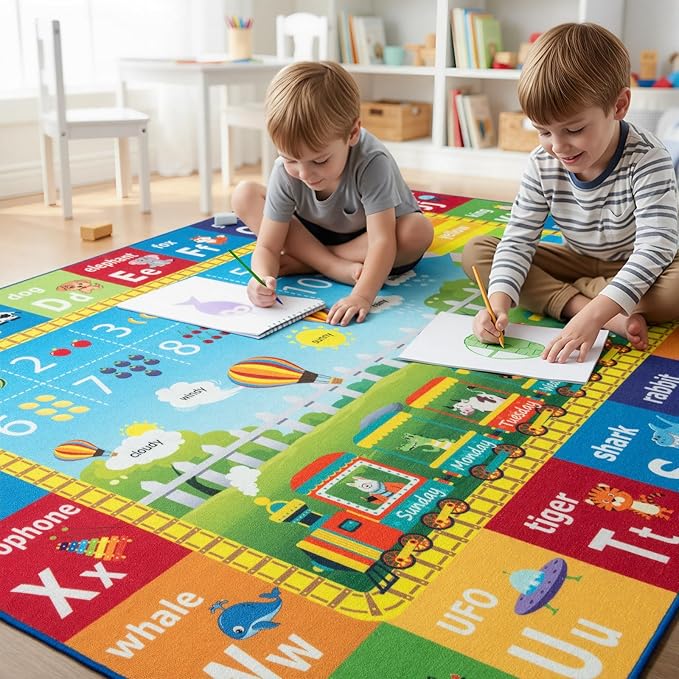 ST. BRIDGE Educational Kids Rug for Playroom 4x6 Feet, Non Slip Play Mat with ABC Alphabet, Numbers & Animals for Toddler Preschool Nursery Classroom, Soft Washable Area Rug for Early Learning