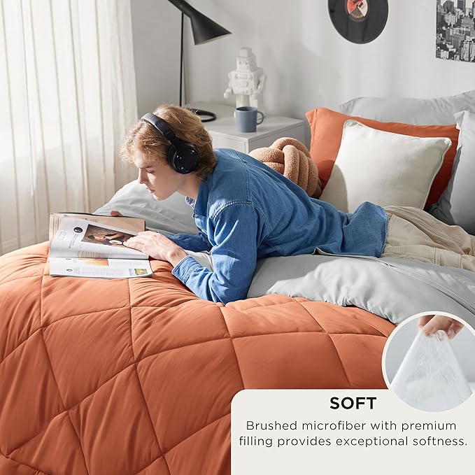 Bedsure Full Size Comforter Set - 7 Pieces Reversible Burnt Orange Bedding, Full Size Bed Set for All Seasons, Bed in a Bag with Down Alternative Comforter, Sheets, Pillowcases & Shams