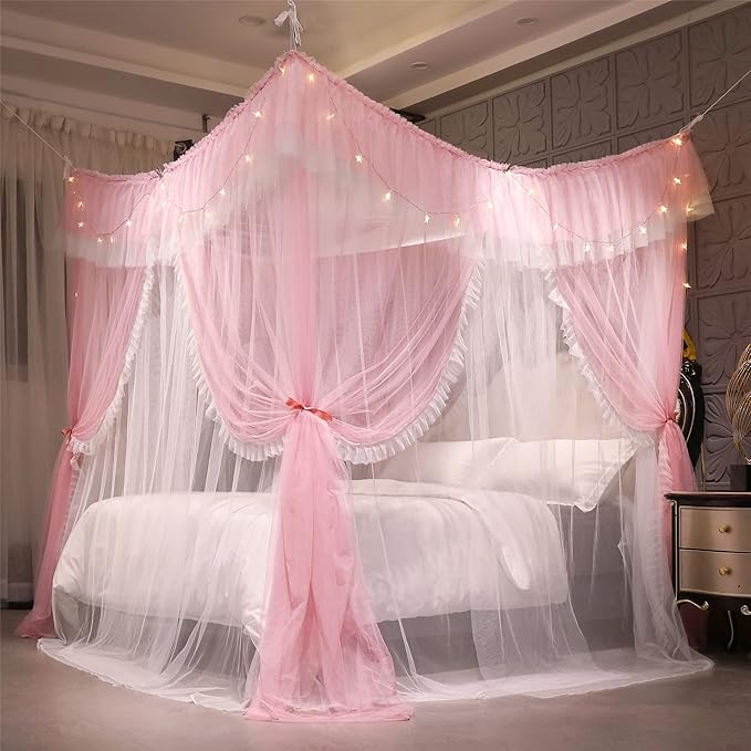 VETHIN 4 Corners Post Ruffle Princess Bed Canopy Curtain-Double Layer Cozy Drape Netting 4 Opening Mosquito Net for Girls Adults Bedroom Decoration (Pink/Whtie, 47" W*78" L*82" H/Twin)