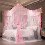 VETHIN 4 Corners Post Ruffle Princess Bed Canopy Curtain-Double Layer Cozy Drape Netting 4 Opening Mosquito Net for Girls Adults Bedroom Decoration (Pink/Whtie,64" W*82" L*82"*H/Queen)