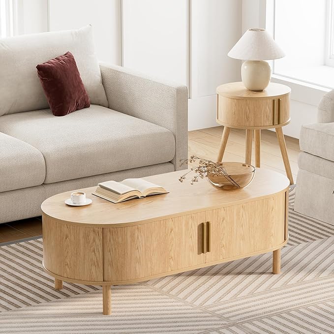 Coffee Table for Living Room, Modern Oval Coffee Table with Cabinets & Sliding Doors, Home Small Space, 47.2" Fluted Center Table, Natual