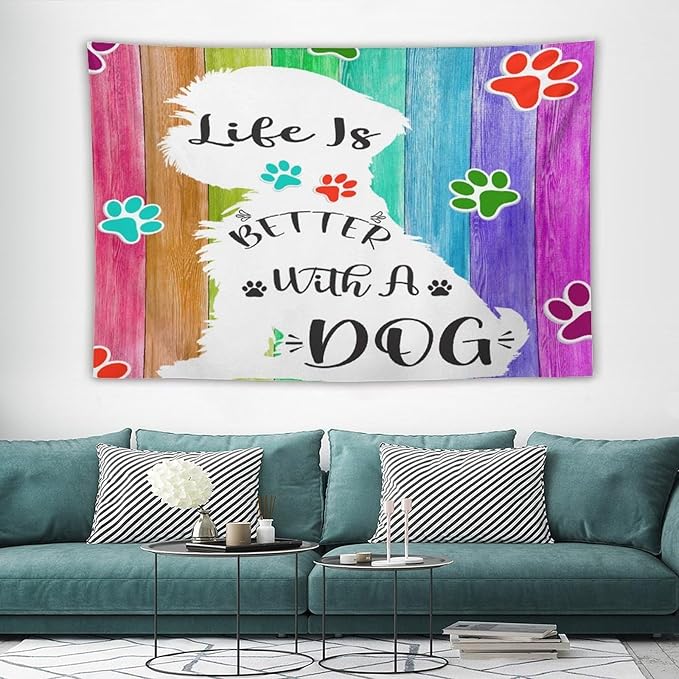 VUMIVI Cute Dog Tapestry Rainbow Color Planks Rustic Farmhouse Home Decor Pet Paws Tapestry Wall Hanging for Living Room Bedroom Dorm Classroom Aesthetic Decor W60xL40in