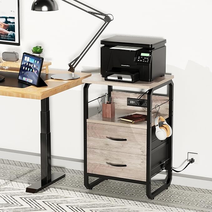 Nightstand with Drawers, Storage Night Stand with Charging Station Type C Port, Small Side Table with Hooks, Wood Metal End Table for Living Room, Bedroom, Dorm, Greige