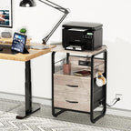 Nightstand with Drawers, Storage Night Stand with Charging Station Type C Port, Small Side Table with Hooks, Wood Metal End Table for Living Room, Bedroom, Dorm, Greige