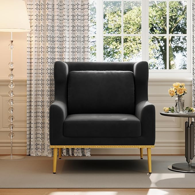 Merax Luxury Velvet Accent Chair, Modern Mid-Century Armchair for Living Room, Bedroom Reading Corner, Comfortable Tufted Single Seater Sofa Chair with Iron Legs (Black)
