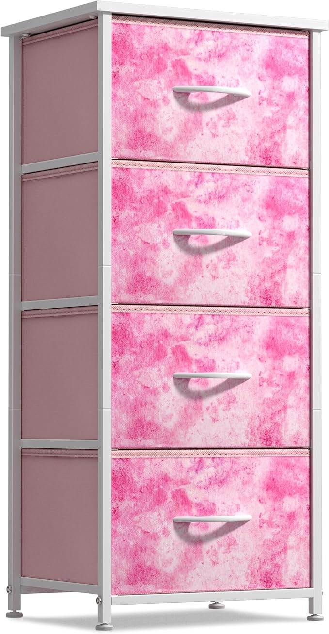Sorbus Dresser Storage Tower, Organizer Drawers for Closet Boys & Girls Bedroom, Bedside Furniture, Chest for Home, College Dorm, Steel Frame, Wood Top, Tie-dye Fabric Bins(4-Drawer, Pink)