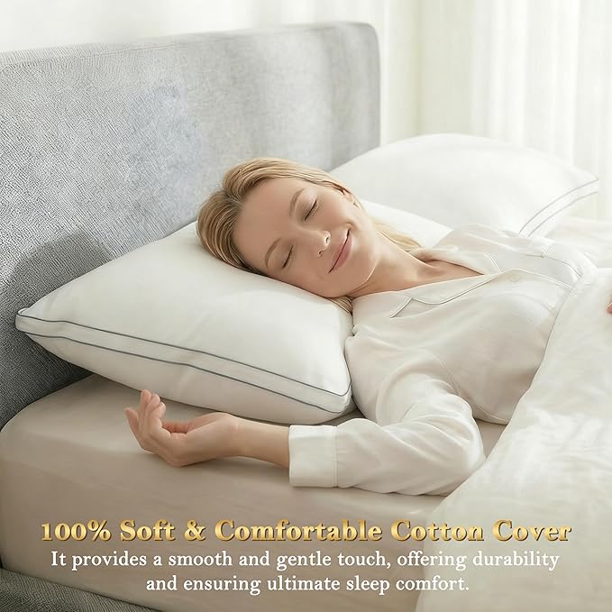 Feather Pillows Standard Size Set of 2 Goose Down Pillows with 100% Breathable Cotton Cover, Hotel Collection Bed Pillows for Sleeping, Soft Support for Back, Stomach and Side Sleepers