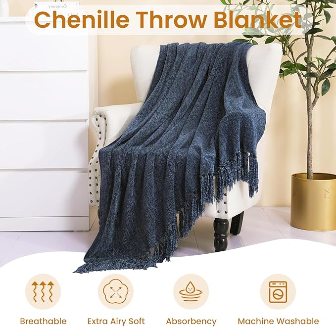 Navy Chenille Throw Blanket for Couch Bed，Soft Cozy Throw Blanket with Handmade Fringe, Decorative Blanket for Sofa Chair Living Room for Gift,Navy 60" x 80"