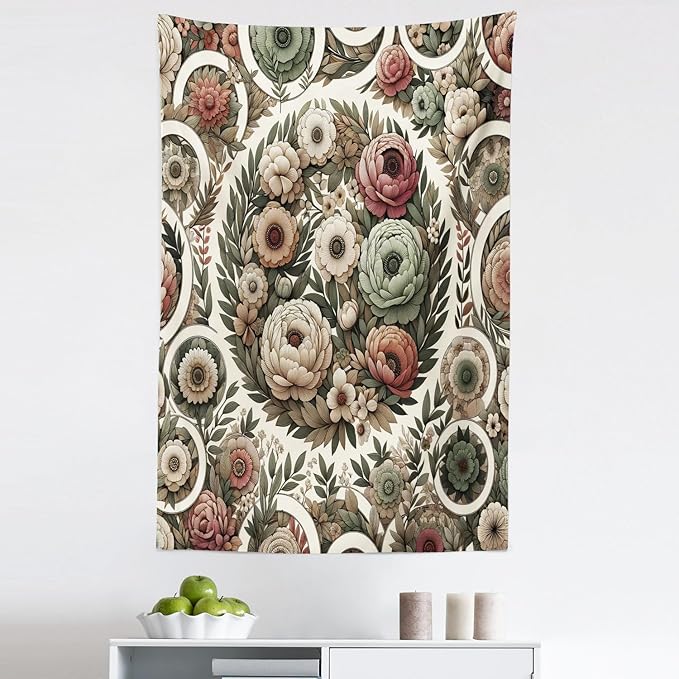 Ambesonne Flower Tapestry, Circular Floral Wreath with Greenery Leaves Ornaments Modern Cottagecore, Fabric Wall Hanging Decor for Bedroom Living Room Dorm, 30" X 45", Reseda Green Pale Ruby