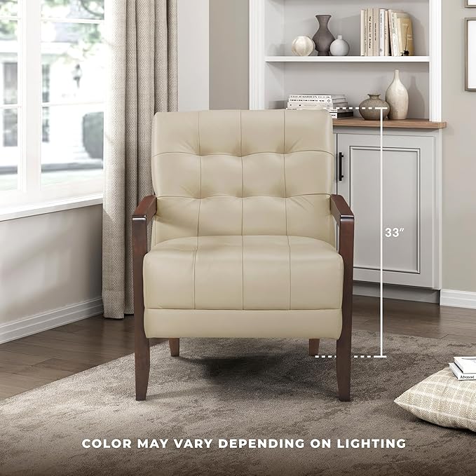 Lexicon Modern Accent Chair, Luxury Genuine Leather Match Living Room Chair With Tufted Cushions, Arm Chair With Solid Wood Frame, Comfy Single Chair For Living Room/Bedroom/Reading Room/Office, Beige