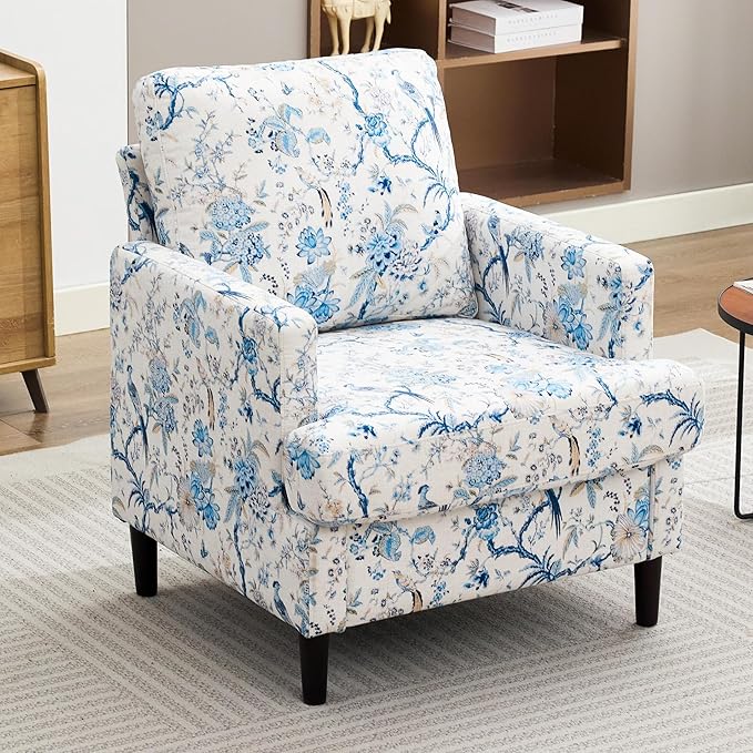 Mid-Century Accent Chair,Modern Linen Fabric Armchair for Living Room,Comfy Upholstered Reading Accent Chairs for Bedroom,Single Sofa Chair with Wood Legs (Blue Flowered Bird, 1 Pack)