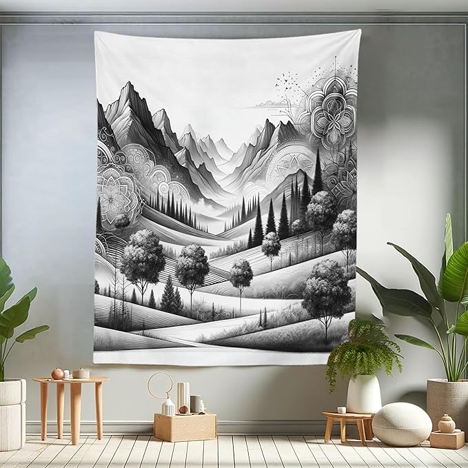 Ambesonne Mountain Tapestry Twin Size, Monochrome Art Scenic Mounts with Wooded Lands Featuring Eastern Mandala, Wall Hanging Bedspread Bed Cover Wall Decor, 68" X 88", Pale Grey Dark Taupe