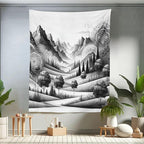 Ambesonne Mountain Tapestry Twin Size, Monochrome Art Scenic Mounts with Wooded Lands Featuring Eastern Mandala, Wall Hanging Bedspread Bed Cover Wall Decor, 68" X 88", Pale Grey Dark Taupe