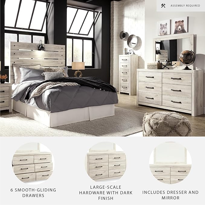 Signature Design by Ashley Cambeck Vintage Smooth-Gliding 6-Drawer Dresser and Mirror with Safety Stop, Whitewash